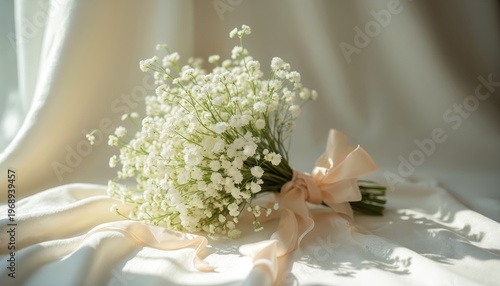 Delicate white gypsophila flowers bunch tied with cream ribbon. Soft light creates romantic ambiance. Ideal for weddings celebrations or event decor.
