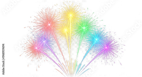 Colorful rainbow fireworks display isolated on transparent background