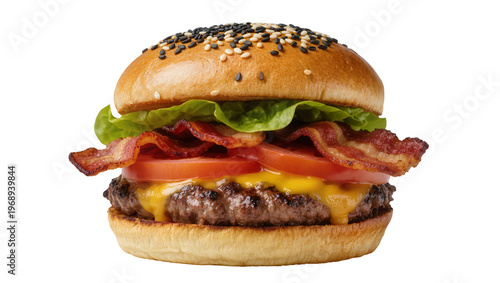 Fotografía Juicy beef burger with melted cheese bacon tomato lettuce, isolated on transpare