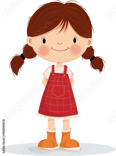 Adorable cartoon girl with pigtails wearing a red dress and orange shoes, smiling and standing on a light background. Perfect for childrens design, illustrations, prints, and educational materials