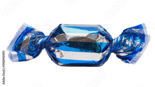 Foto Blue and silver striped candy wrapper tied at ends, isolated on transparent back