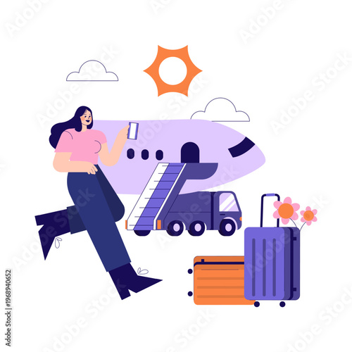 Woman Boarding Plane with Luggage Vector Illustration
