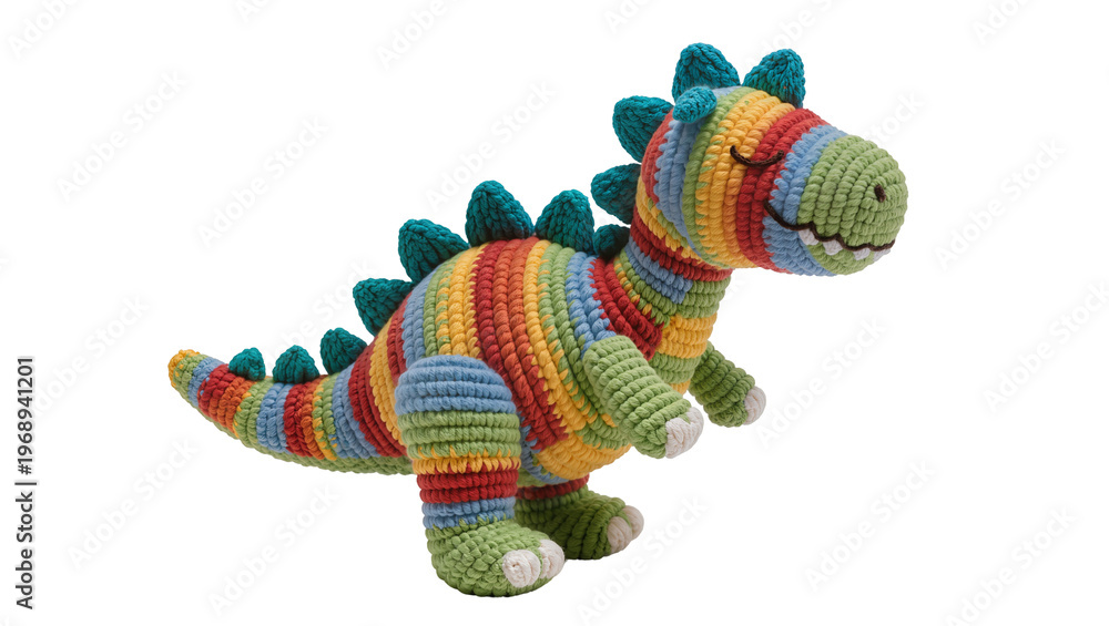 Obraz premium Handmade rainbow striped crochet dinosaur toy, isolated on transparent background