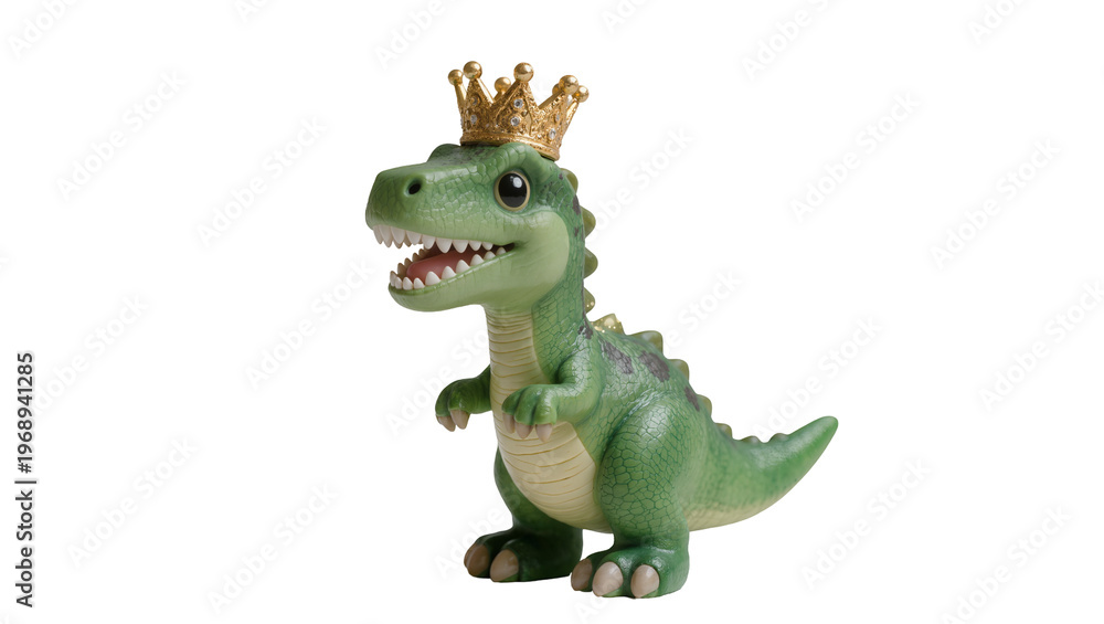 Fototapeta premium Green toy dinosaur wearing a golden crown, isolated on transparent background