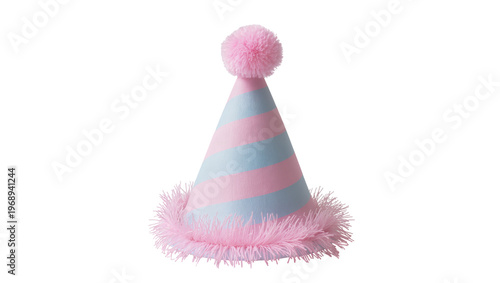 Pink and blue striped party hat with fluffy trim, isolated on transparent background