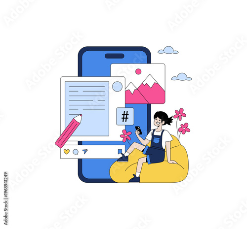 Girl Engaging with Digital Content in Vector Illustration