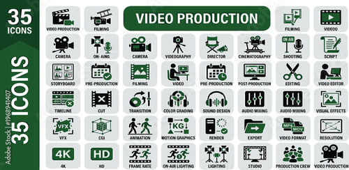 Collection of 35 Video Production Icons for Filmmaking, Editing, and Post-Production Workflows