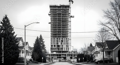 High-Rise Construction in Residential Neighborhood, Black and White
