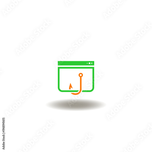 Vector illustration of web page and fishing hook. Icon of  spyware, malware, hacking threat, virus attack. Sign of phishing. Symbol of social engineering.
