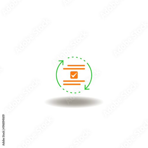 Vector illustration of check mark with text and circular arrows. Symbol of context.
