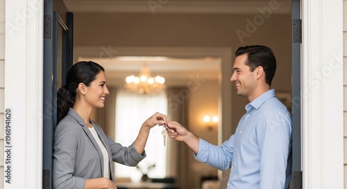 Woman real estate agent giving house keys to happy male client at entrance of new home showing interior with chandelier and bright light background.