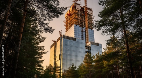 Modern Skyscraper Construction in Forest at Sunset