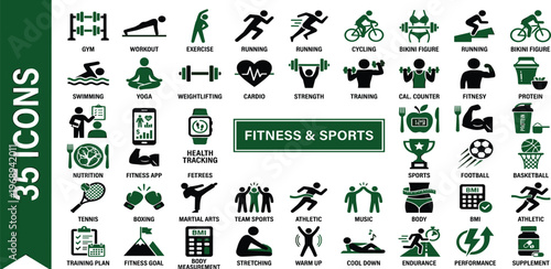 Dynamic vector icon collection for fitness and sports, featuring workouts, healthy eating, and athletic activities for digital and print media projects
