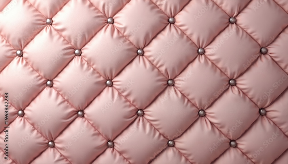 Fototapeta premium Close up of pink tufted fabric texture with silver buttons. This diamond pattern textile is smooth and plush, ideal for upholstery or wall decor.