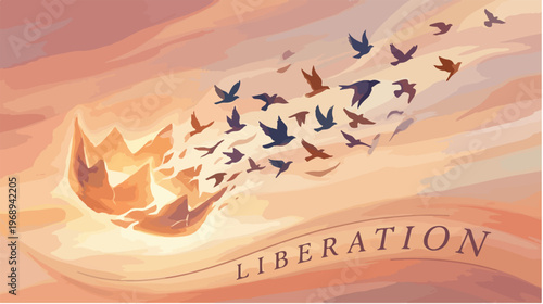 Illustration of a boat launching birds into flight with the word 'liberation' on a colorful, abstract background with warm tones.