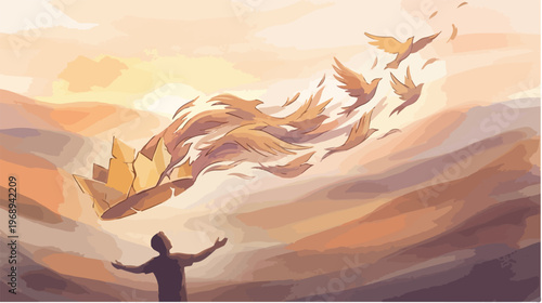 Silhouette of a person with outstretched arms watching birds fly away in a dreamy, orange-hued landscape with rolling hills and a cloudy sky.