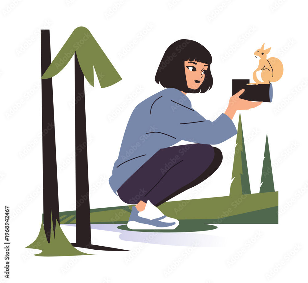 Fototapeta premium Woman Photographing Squirrel in Forest Vector Illustration