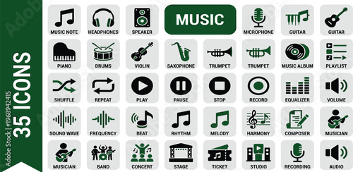 Collection of 35 icons representing various music-related elements, including instruments, sound waves, and playback controls