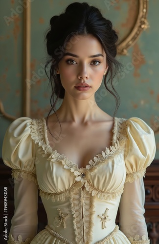 Elegant woman wears cream historical gown with lace trim. Dark hair styled up. Serious expression, direct gaze. Appears in ornate room. Classic beauty.