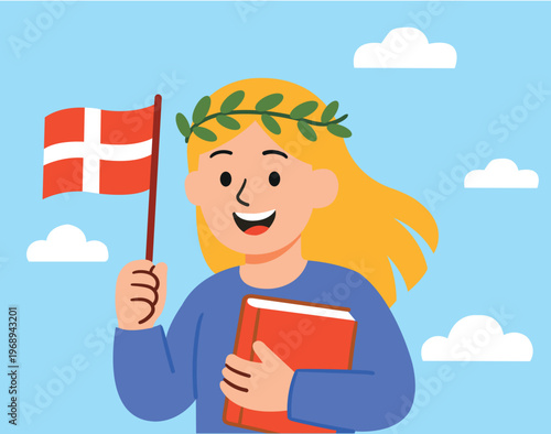 A girl with a book and a Danish flag. Constitution Day of Denmark, a national holiday.