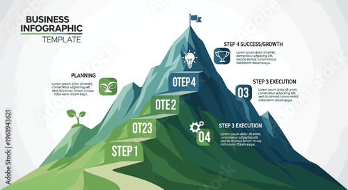 Business infographic template with mountain peak, 4 steps to success growth concept, mountain climbing path for corporate planning and execution