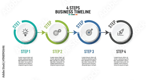Modern 4 steps business timeline infographic vector, professional workflow process diagram, corporate roadmap with circular icons and arrows