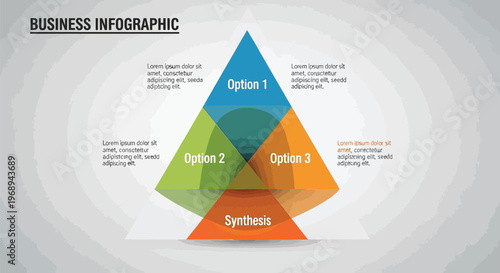 Business infographic pyramid with three overlapping options and synthesis, colorful geometric triangle diagram for corporate presentations and data analysis