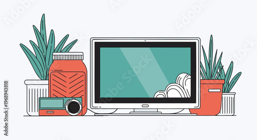 Modern workspace vector illustration, computer monitor with desktop plants and camera, creative home office desk setup in flat line art style