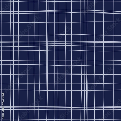 Pale strokes submerged in dark indigo forming loose woven gauze grid. Seamless indigo blue hand drawn crosshatch texture. Organic freehand background for evening stationery and moody interiors.