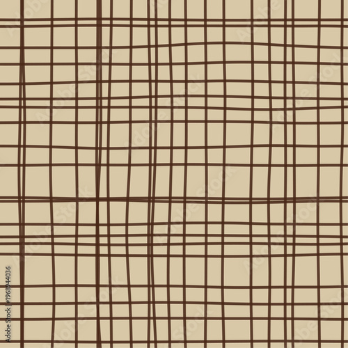 Dark coarse strokes on natural tan forming loose woven gauze grid. Seamless jute brown hand drawn crosshatch texture. Organic freehand background for craft packaging and market stall branding.