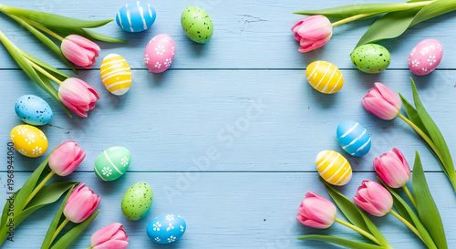 Easter background. Colorful spring tulips with butterflies and painted eggs