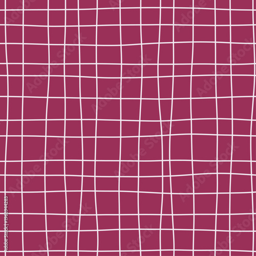 White strokes on rich plum forming loose woven gauze grid. Seamless plum purple hand drawn crosshatch texture. Organic freehand pen background perfect for luxury stationery and wine packaging.