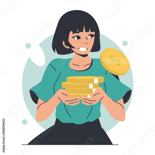 Woman Holding Coins Smiling Vector Illustration