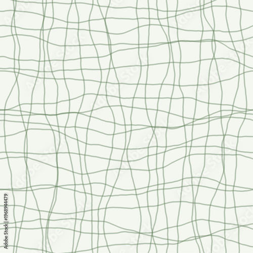 Barely there sage strokes forming loose woven gauze grid pattern. Seamless sage green hand drawn crosshatch texture. Organic freehand background for sheer curtain textiles and delicate wrapping.