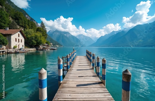 Wooden pier extends into vibrant blue lake waters. Steep green mountains rise behind tranquil bay. Small stone house and boats rest near shore. Clear sky overhead.