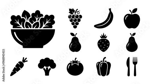 Collection of fresh produce icons featuring fruits and vegetables in a healthy diet theme