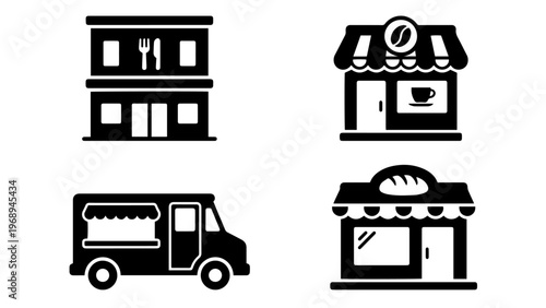 Diverse vector icons of food and retail businesses restaurant, cafe, food truck, and bakery storefronts. Ideal for service industry branding and modern digital design projects