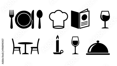 Comprehensive Collection of Restaurant and Dining Icons for Culinary Businesses and Hospitality Industry Digital Interfaces, Featuring Essential Tableware and Service Elements