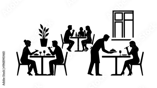 A restaurant scene with patrons dining at tables while a waiter serves food, black and white illustration