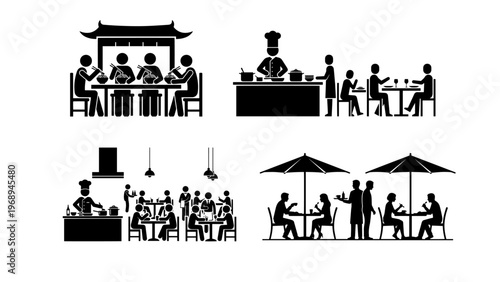 Diverse restaurant scenes illustrating dining experiences, culinary service, and social gatherings in various hospitality settings, depicting people enjoying meals