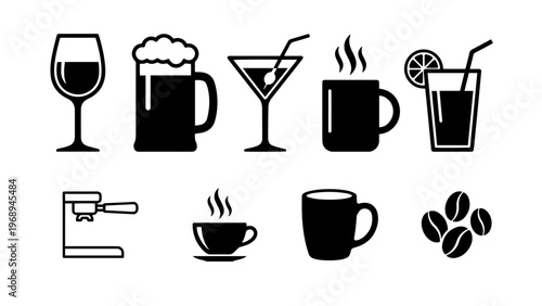 Essential Beverage Icons Vector Set for Digital Design; Diverse Drink Graphics Including Coffee, Tea, Wine, Beer, and Cocktails Collection