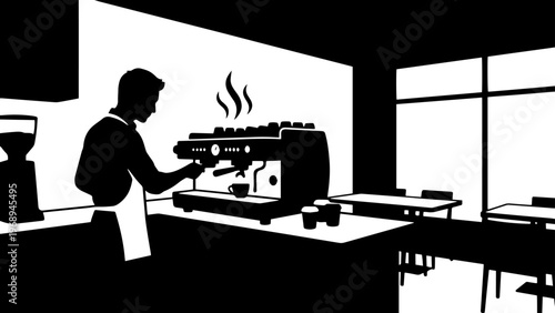 Skilled barista meticulously crafting beverages with precision, highlighting the detailed workflow and art of coffee making in a contemporary setting, reflecting efficient service