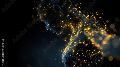 Dark background with golden light particles forming the shape of an abstract human silhouette, creating a sense of depth and dimensionality in the digital art style. It's a captivating visual represen