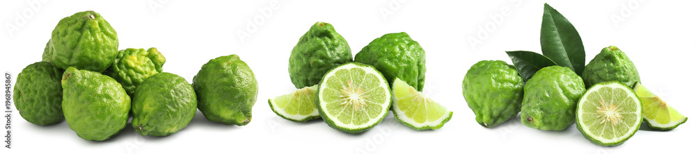 Fototapeta premium Fresh bergamot fruits isolated on white, set. Whole and sliced