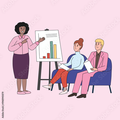 Woman presenting bar chart on flipchart to seated colleagues flat illustration