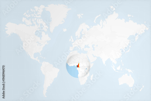Cameroon Map with Flag in Magnifying Glass on World Map Background