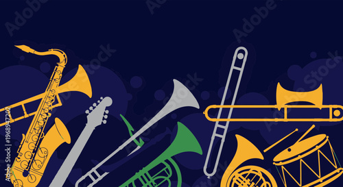 Vibrant Jazz Band Instruments Composition Featuring Saxophone Trombone and Drum on a Dark Blue Stage
