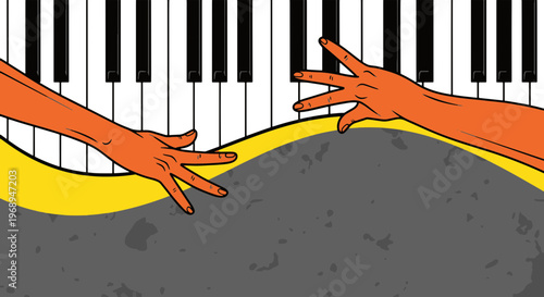 Vibrant Graphic Art of Stylized Hands Playing a Soulful Jazz Melody on a Classic Piano Keyboard