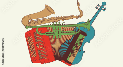 Vibrant Jazz Music Instrument Arrangement Featuring Saxophone Trumpet Accordion and String Bass