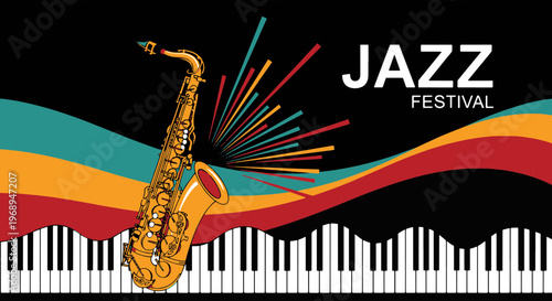 Vibrant Jazz Music Festival Event Poster Design Featuring a Golden Saxophone and Piano Keyboard